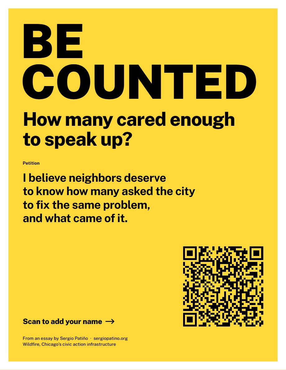 The poster “Be counted” in black capitals on yellow, with the petition’s sentence and a code to scan.