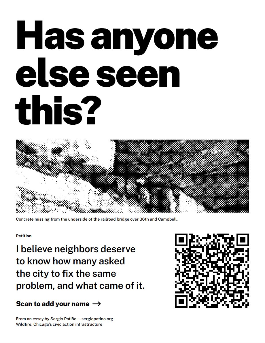 The poster “Has anyone else seen this?” over a photograph of the underside of the railroad bridge over 36th and Campbell, with the petition’s sentence and a code to scan.