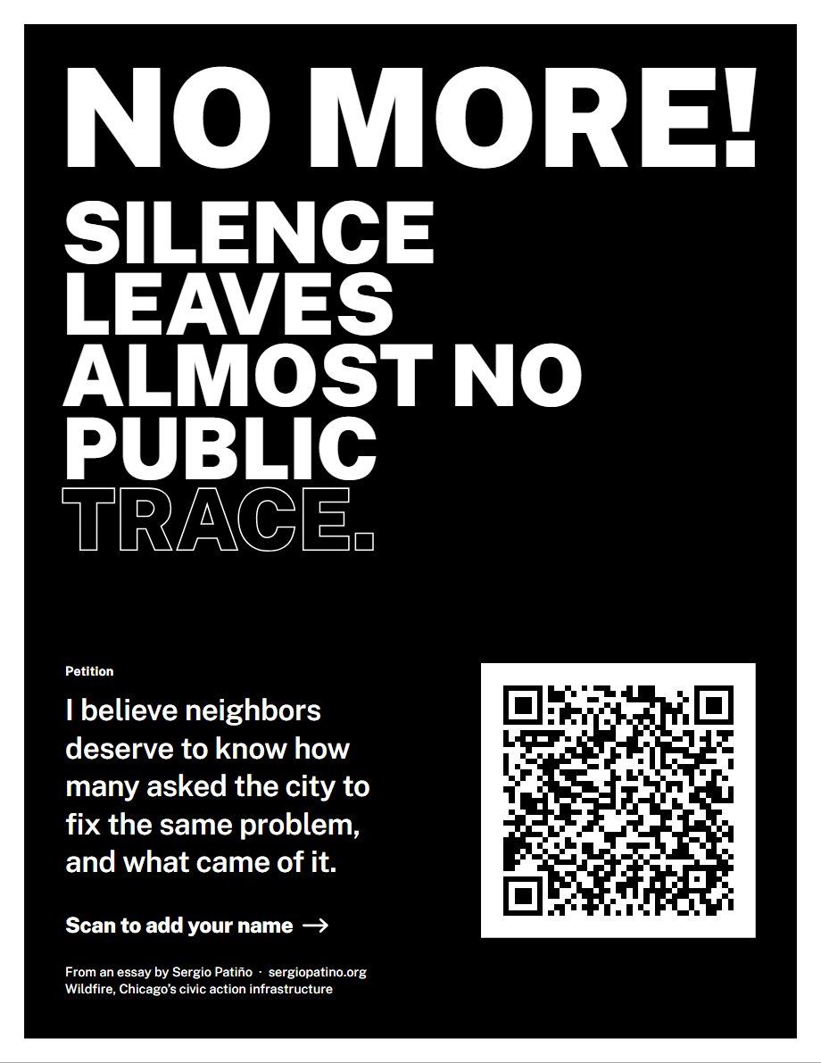 The poster “No more! Silence leaves almost no public trace.” in white capitals on black, the last word drawn as an outline only, with the petition’s sentence and a code to scan.