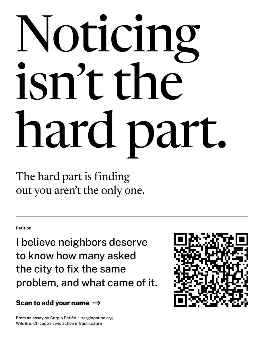 The poster “Noticing isn’t the hard part.” in large serif type, with the petition’s sentence and a code to scan.